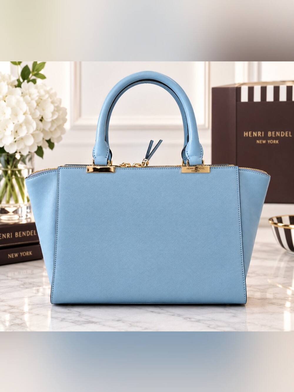 henri bendel light blue structured top-handle satchel with gold hardware